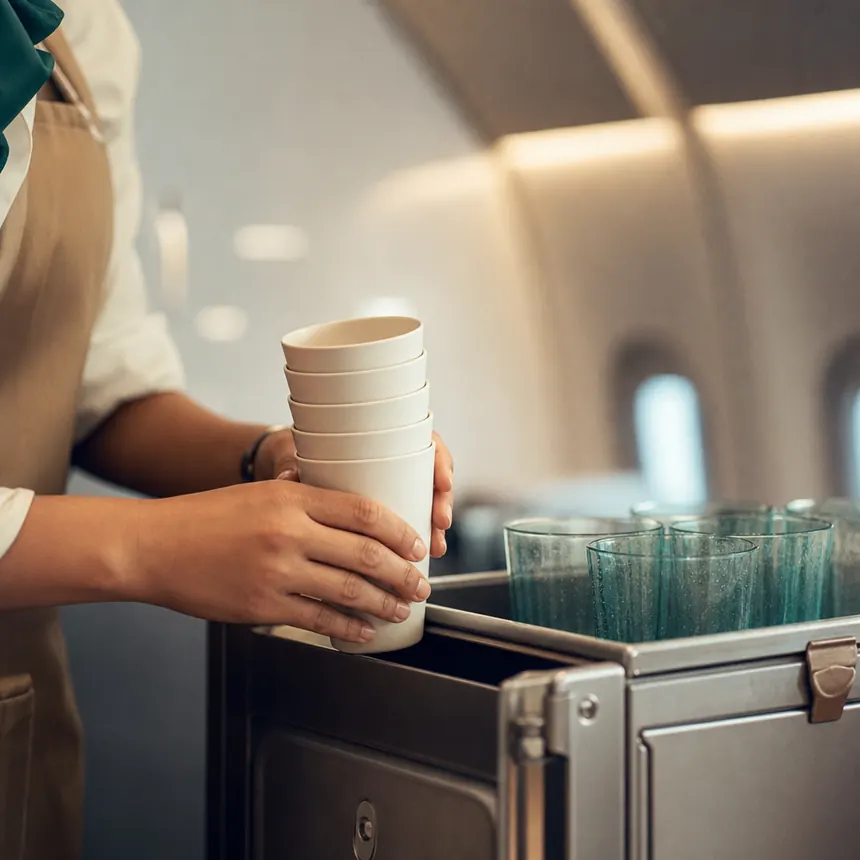 Airline crew member handling reusable cups beside an aircraft service cart