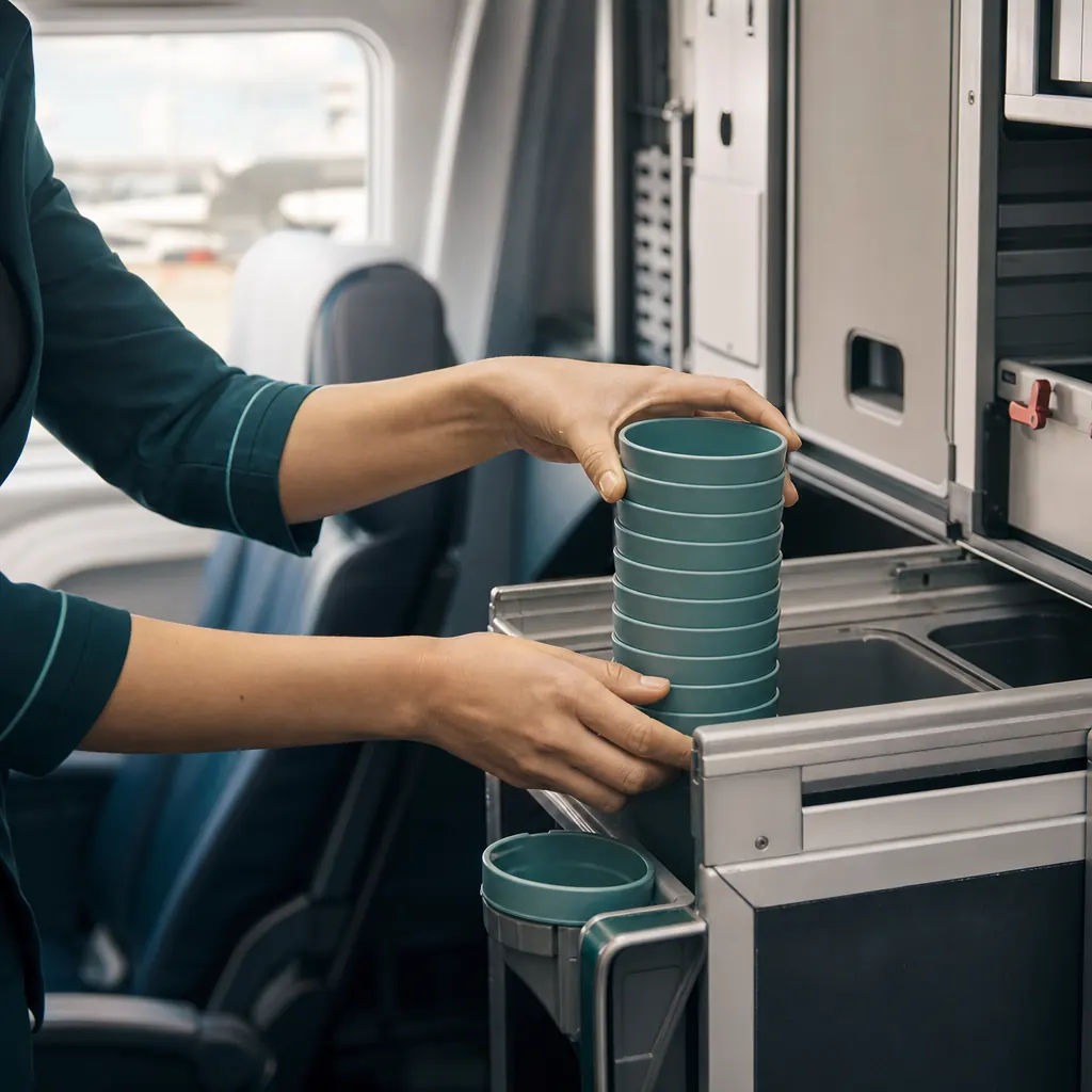 Reusable cups being handled in an aircraft galley